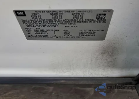 2012 Chevrolet Equinox Lt из США, поврежденный, VIN 2GNALDEK7C1338928